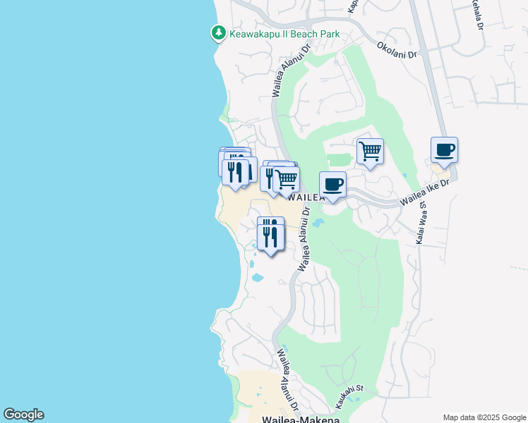 map of restaurants, bars, coffee shops, grocery stores, and more near 3800 Wailea Alanui Drive in Kihei