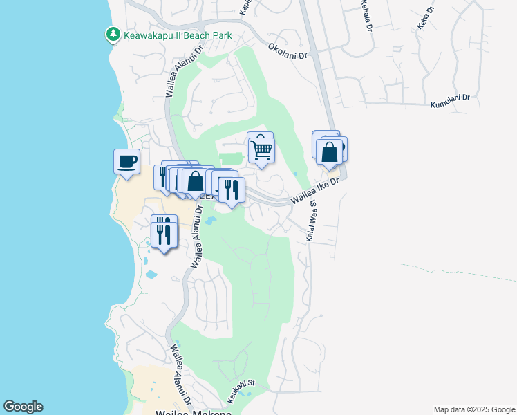 map of restaurants, bars, coffee shops, grocery stores, and more near 10 Wailea Ekolu Place in Kihei