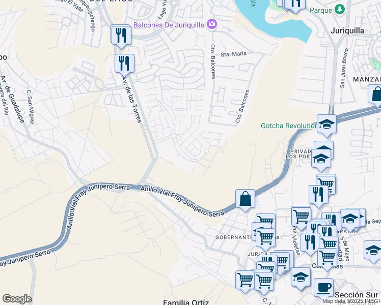 map of restaurants, bars, coffee shops, grocery stores, and more near 1142 Circuito Altos Juriquilla in Juriquilla