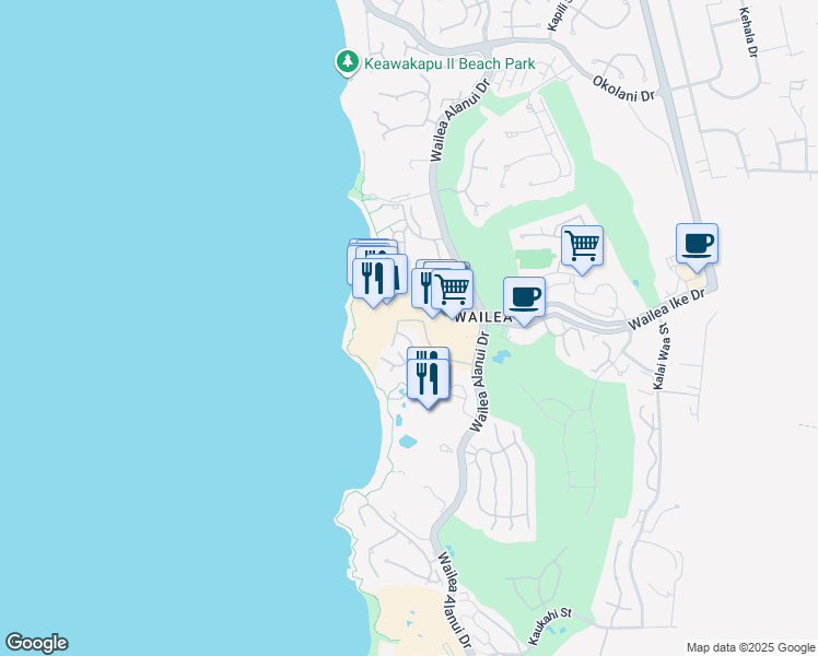 map of restaurants, bars, coffee shops, grocery stores, and more near 3800 Wailea Alanui Drive in Kihei