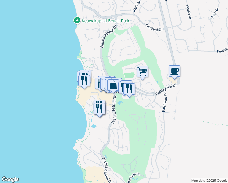 map of restaurants, bars, coffee shops, grocery stores, and more near 100 Wailea Ike Drive in Wailea-Makena