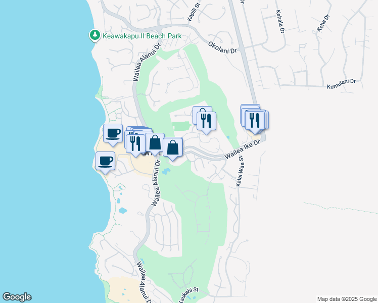 map of restaurants, bars, coffee shops, grocery stores, and more near 100 Wailea Ike Drive in Wailea-Makena