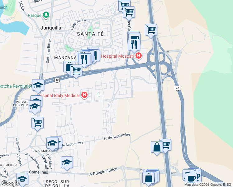 map of restaurants, bars, coffee shops, grocery stores, and more near 5121 Avenida Santa Rosa in Juriquilla