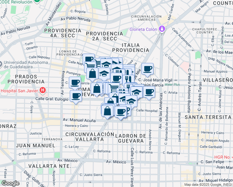 map of restaurants, bars, coffee shops, grocery stores, and more near 2405 Calle José María Heredia in Guadalajara