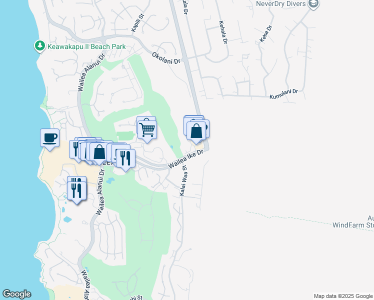 map of restaurants, bars, coffee shops, grocery stores, and more near 47 Wailea Gateway Place in Kihei