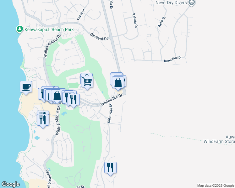 map of restaurants, bars, coffee shops, grocery stores, and more near 10 Wailea Gateway Place in Kihei