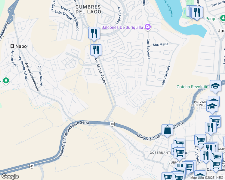 map of restaurants, bars, coffee shops, grocery stores, and more near in Santiago de Querétaro
