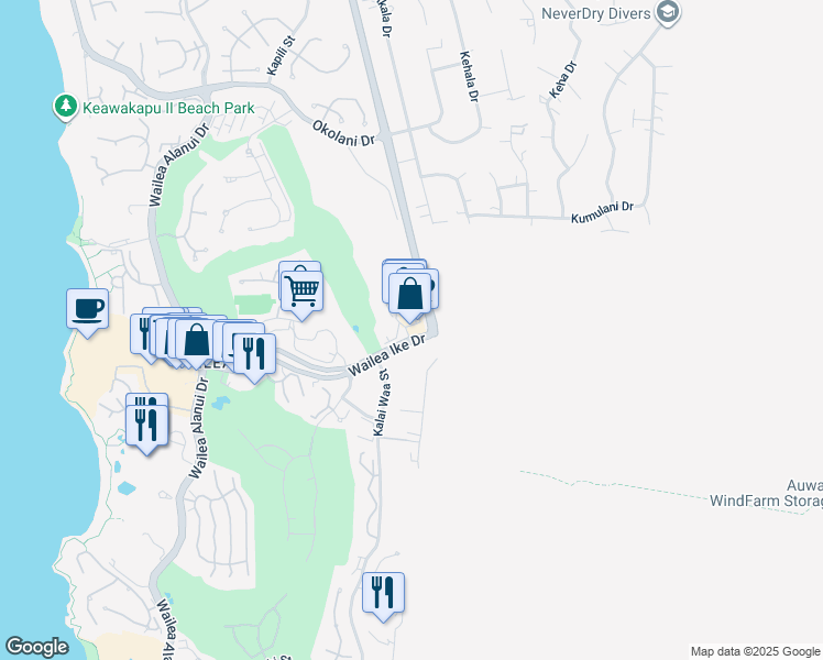 map of restaurants, bars, coffee shops, grocery stores, and more near 10 Wailea Gateway Place in Kihei