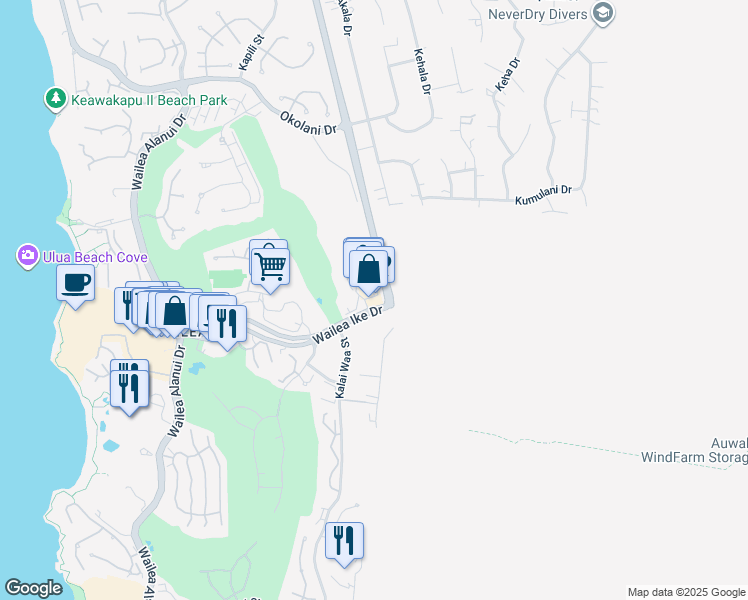 map of restaurants, bars, coffee shops, grocery stores, and more near 10 Wailea Gateway Place in Kihei