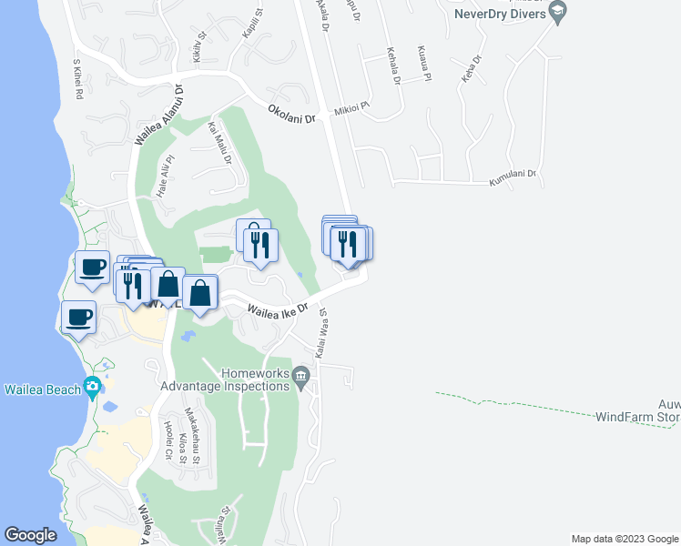 map of restaurants, bars, coffee shops, grocery stores, and more near 59 Wailea Gateway Place in Kihei