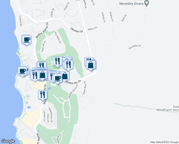 map of restaurants, bars, coffee shops, grocery stores, and more near 43 Wailea Gateway Place in Kihei