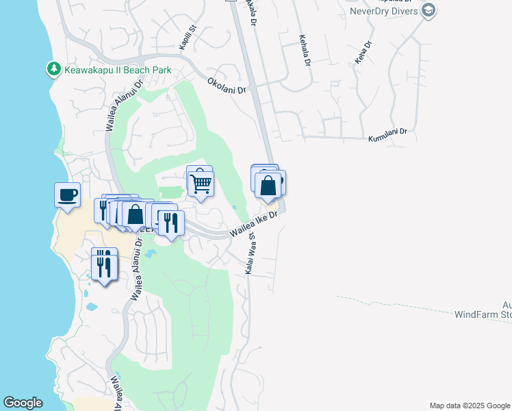 map of restaurants, bars, coffee shops, grocery stores, and more near 47 Wailea Gateway Place in Kihei