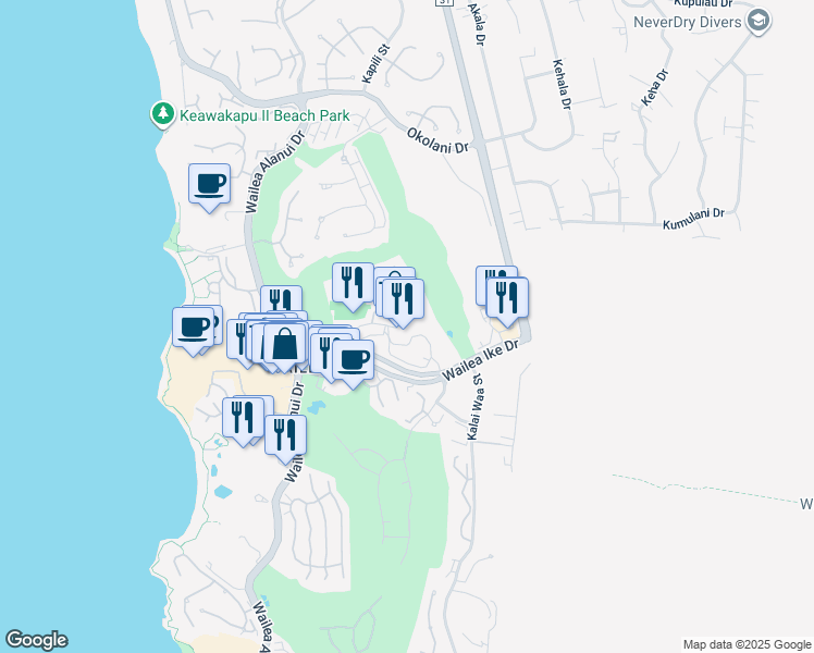 map of restaurants, bars, coffee shops, grocery stores, and more near 161 Wailea Ike Place in Kihei