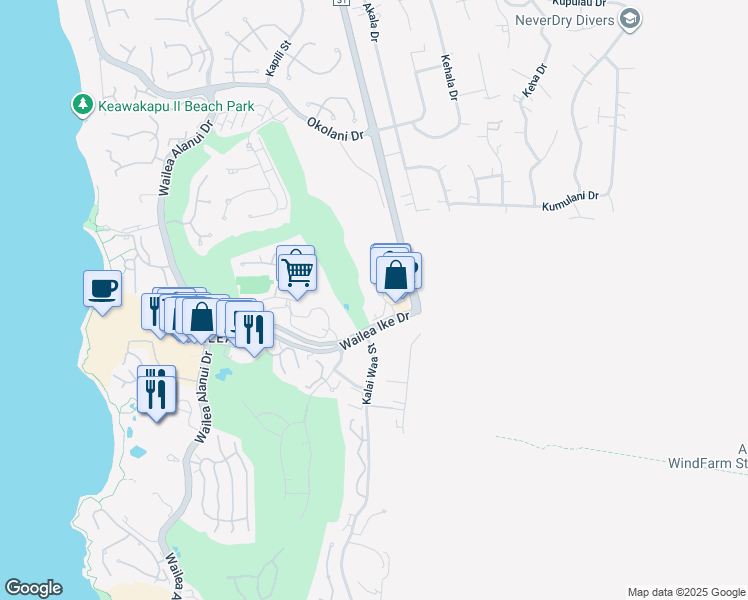 map of restaurants, bars, coffee shops, grocery stores, and more near 63 Wailea Gateway Place in Kihei