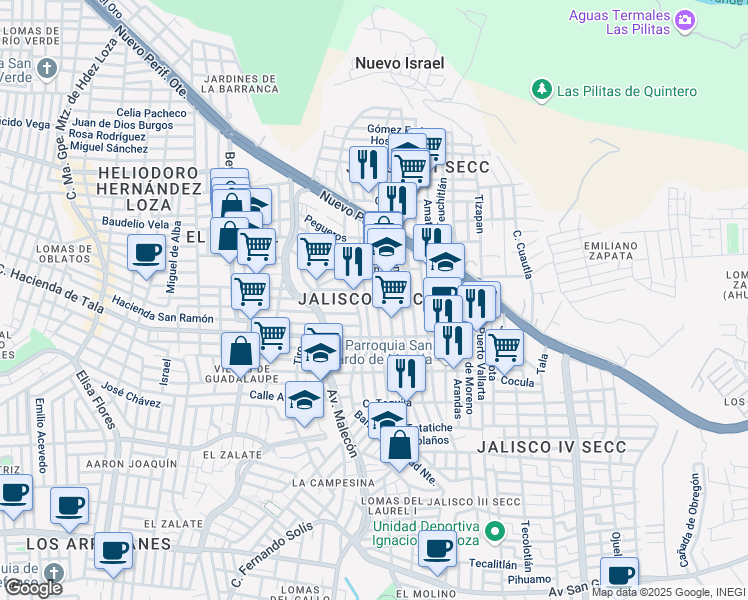 map of restaurants, bars, coffee shops, grocery stores, and more near 68 Zapopan in Tonalá