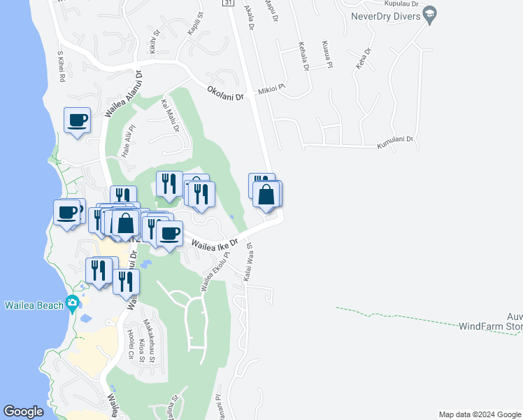 map of restaurants, bars, coffee shops, grocery stores, and more near 4 Wailea Gateway Place in Wailea-Makena
