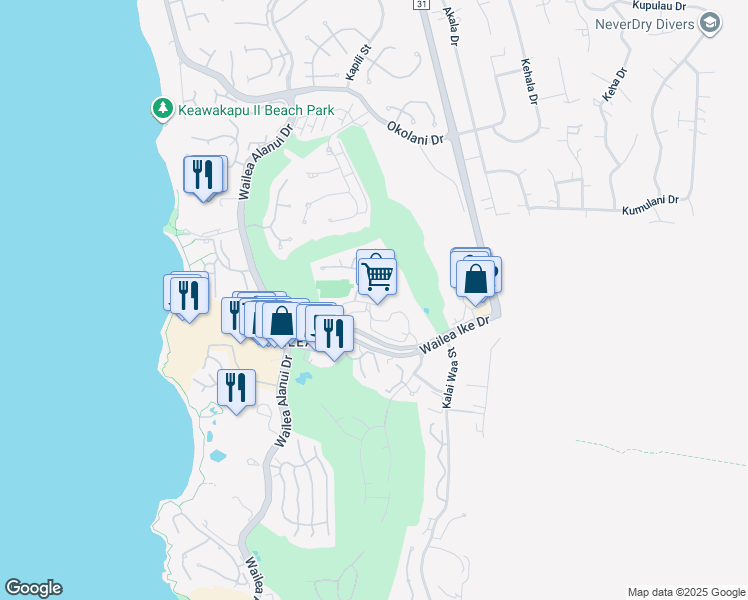 map of restaurants, bars, coffee shops, grocery stores, and more near 155 Wailea Ike Place in Kihei