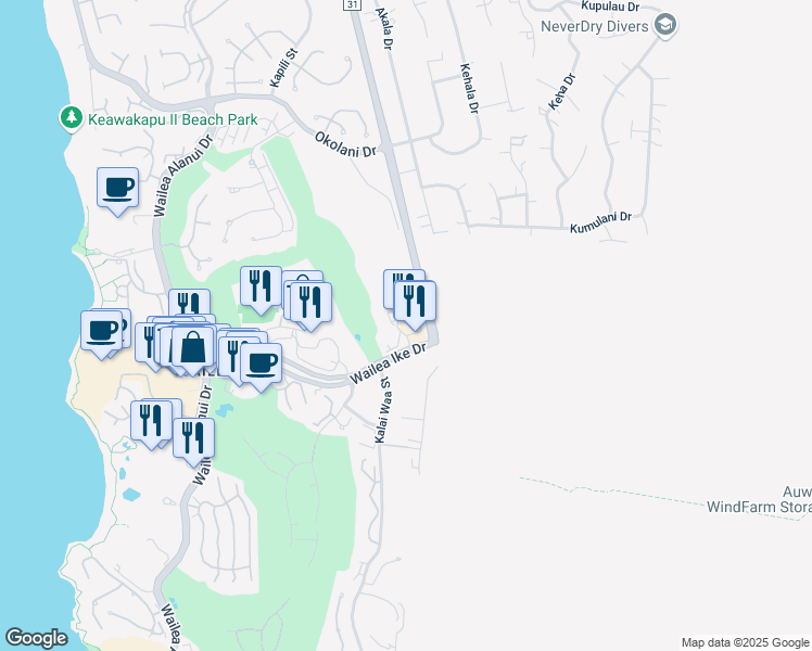map of restaurants, bars, coffee shops, grocery stores, and more near 34 Wailea Gateway Place in Kihei