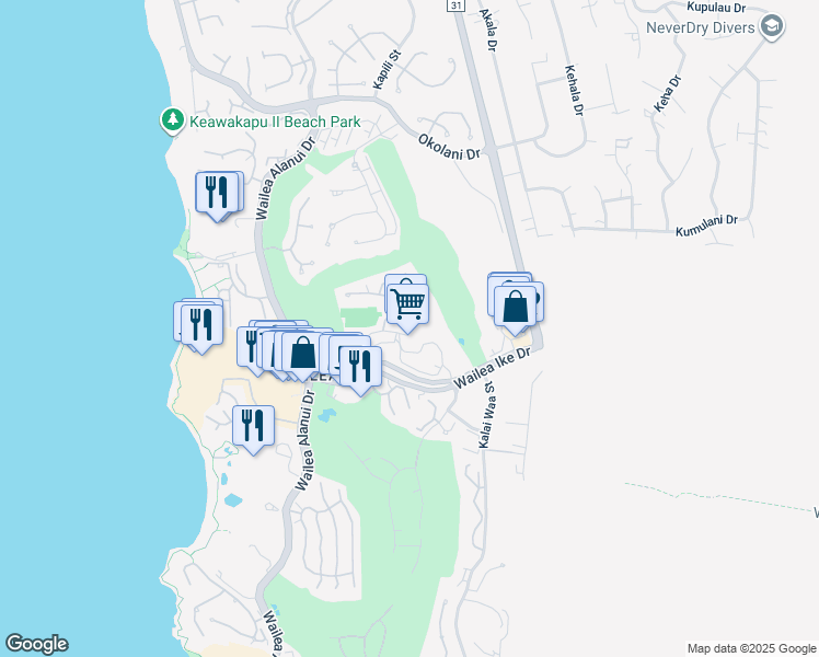 map of restaurants, bars, coffee shops, grocery stores, and more near 161 Wailea Ike Place in Kihei
