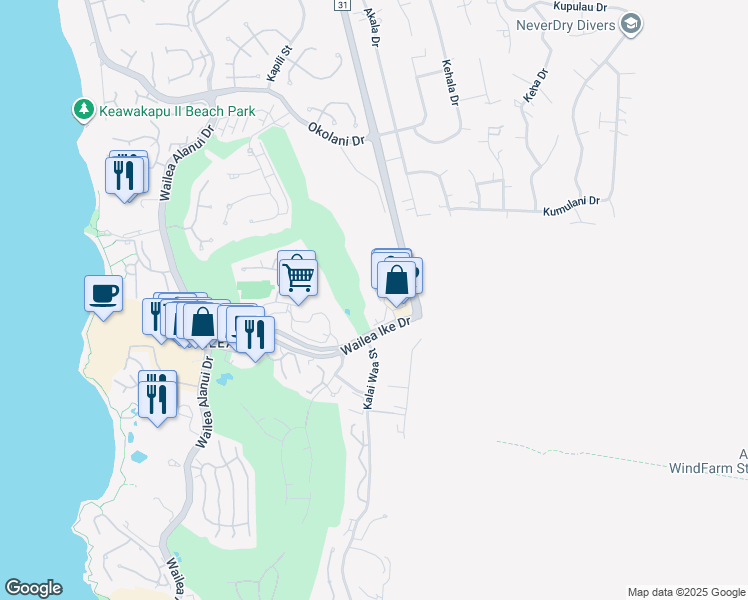 map of restaurants, bars, coffee shops, grocery stores, and more near 43 Wailea Gateway Place in Kihei