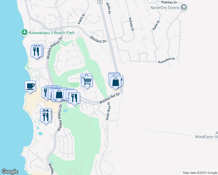 map of restaurants, bars, coffee shops, grocery stores, and more near 43 Wailea Gateway Place in Kihei