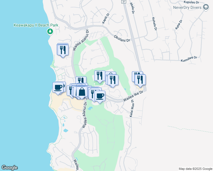 map of restaurants, bars, coffee shops, grocery stores, and more near 75 Wailea Ike Place in Kihei