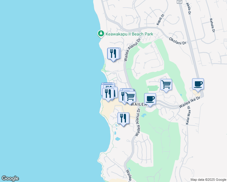 map of restaurants, bars, coffee shops, grocery stores, and more near 3600 Wailea Alanui Drive in Wailea-Makena