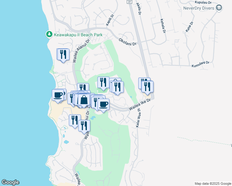 map of restaurants, bars, coffee shops, grocery stores, and more near 161 Wailea Ike Place in Kihei