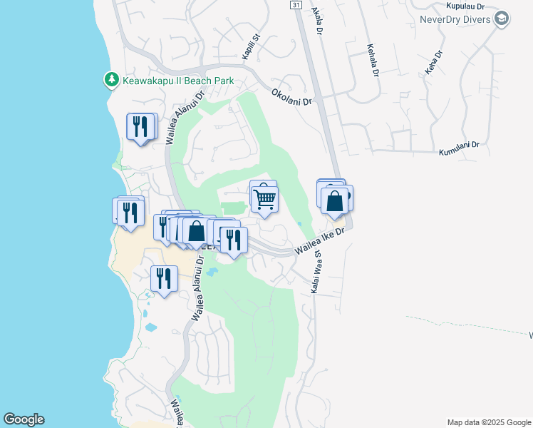 map of restaurants, bars, coffee shops, grocery stores, and more near 161 Wailea Ike Place in Kihei