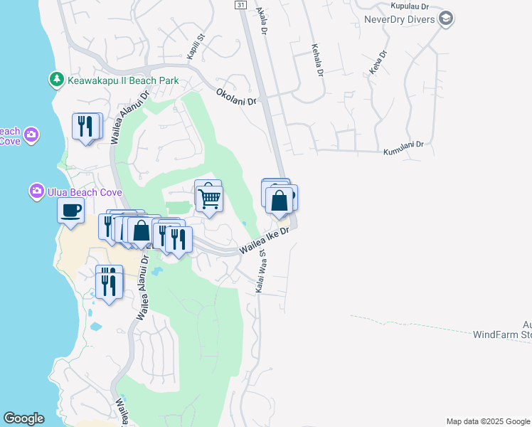 map of restaurants, bars, coffee shops, grocery stores, and more near 55 Wailea Gateway Place in Kihei