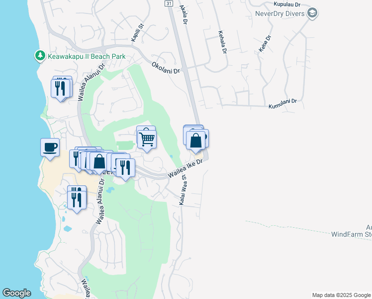 map of restaurants, bars, coffee shops, grocery stores, and more near 67 Wailea Gateway Place in Kihei
