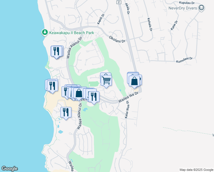 map of restaurants, bars, coffee shops, grocery stores, and more near 161 Wailea Ike Drive in Kihei