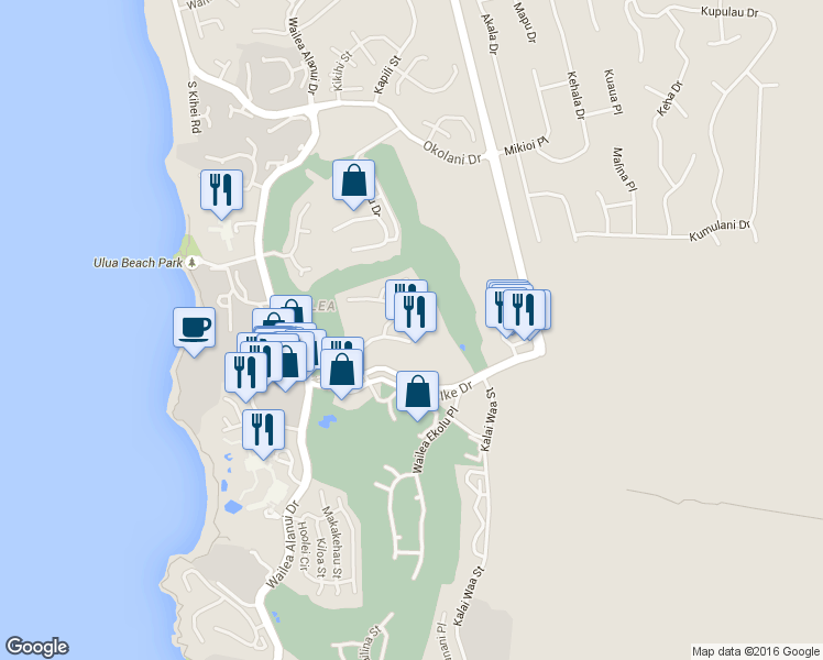 map of restaurants, bars, coffee shops, grocery stores, and more near 161 Wailea Ike Place in Kihei