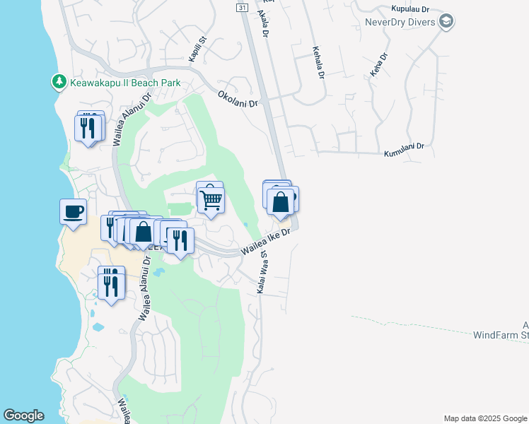 map of restaurants, bars, coffee shops, grocery stores, and more near 47 Wailea Gateway Place in Kihei