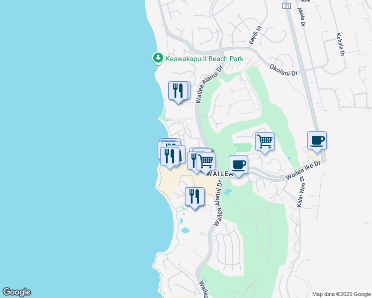 map of restaurants, bars, coffee shops, grocery stores, and more near 3600 Wailea Alanui Drive in Kihei