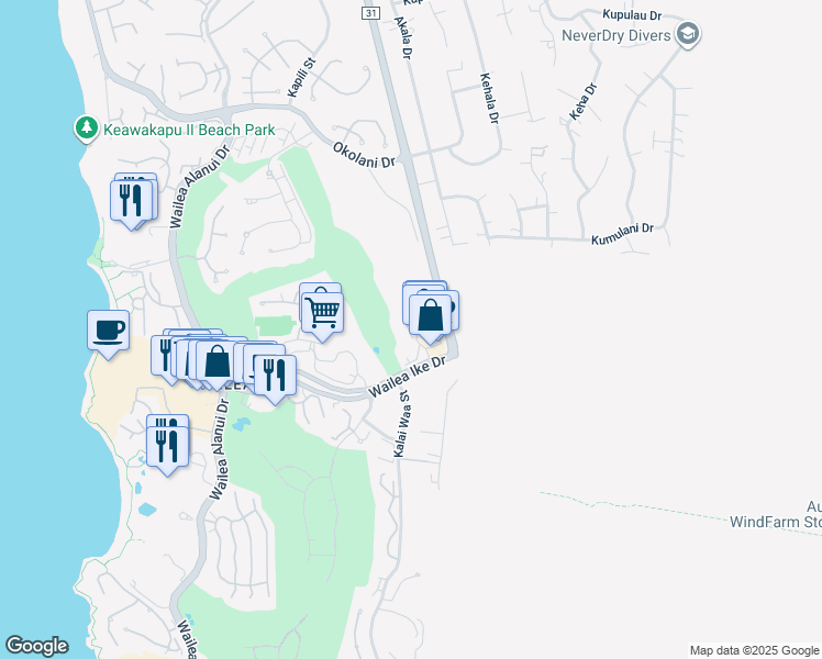 map of restaurants, bars, coffee shops, grocery stores, and more near 71 Wailea Gateway Place in Kihei