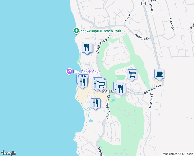 map of restaurants, bars, coffee shops, grocery stores, and more near 3600 Wailea Alanui Drive in Wailea-Makena