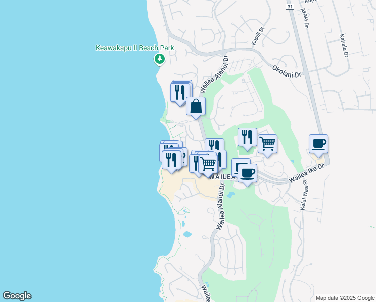 map of restaurants, bars, coffee shops, grocery stores, and more near 3600 Wailea Alanui Drive in Wailea-Makena