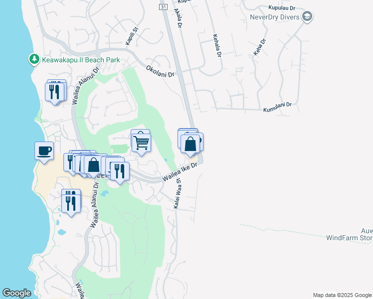 map of restaurants, bars, coffee shops, grocery stores, and more near 67 Wailea Gateway Place in Kihei