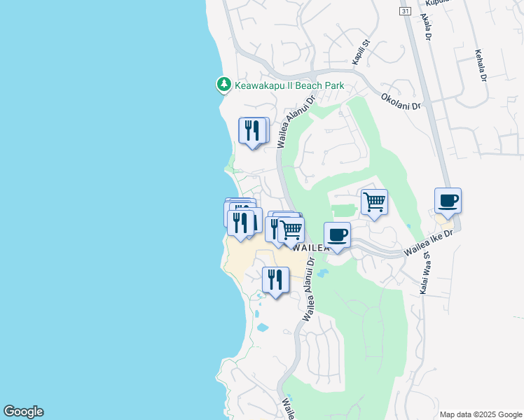 map of restaurants, bars, coffee shops, grocery stores, and more near 3600 Wailea Alanui Drive in Wailea-Makena