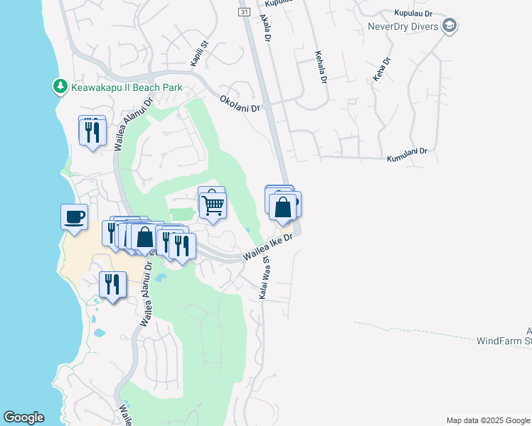 map of restaurants, bars, coffee shops, grocery stores, and more near 51 Wailea Gateway Place in Kihei