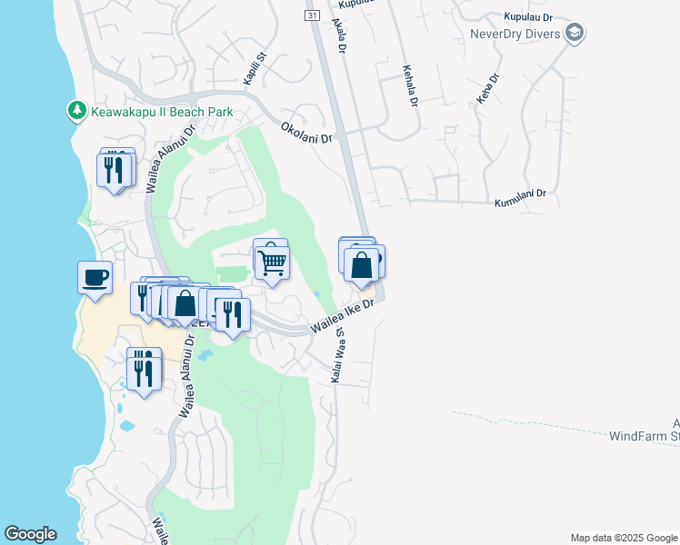 map of restaurants, bars, coffee shops, grocery stores, and more near 51 Wailea Gateway Place in Kihei