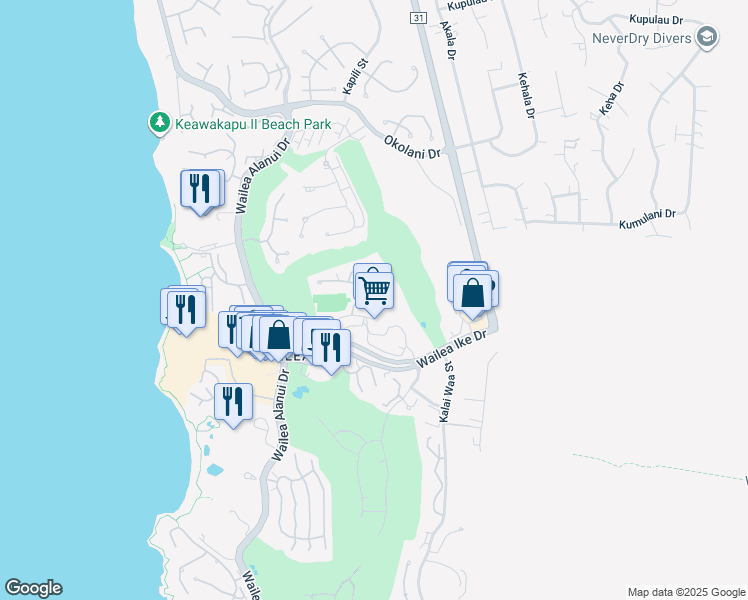 map of restaurants, bars, coffee shops, grocery stores, and more near 161 Wailea Ike Place in Kihei
