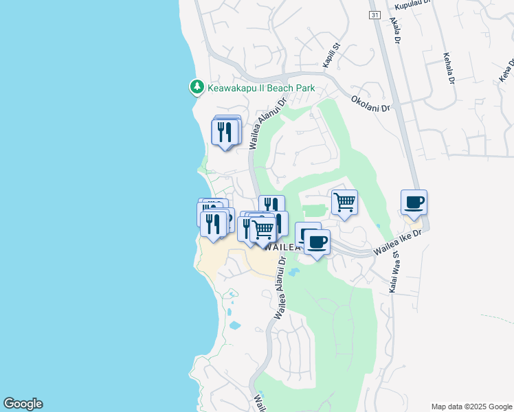 map of restaurants, bars, coffee shops, grocery stores, and more near 3600 Wailea Alanui Drive in Wailea-Makena