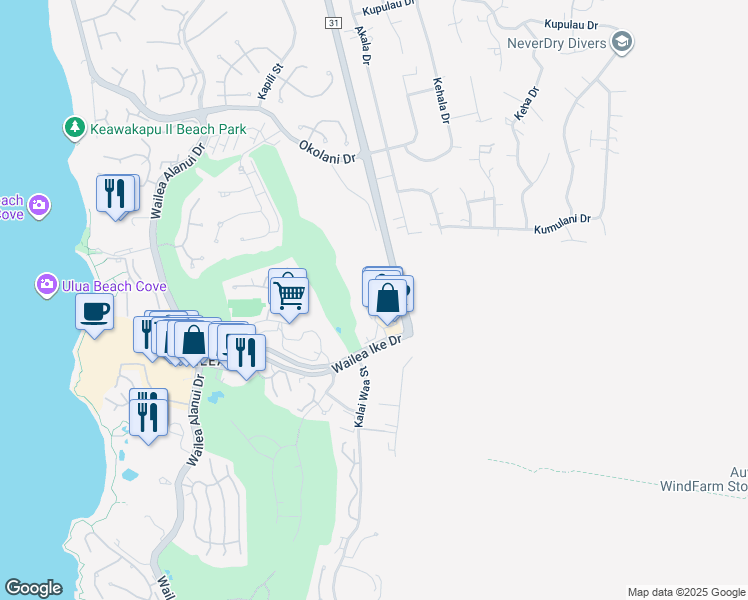 map of restaurants, bars, coffee shops, grocery stores, and more near 59 Wailea Gateway Place in Kihei