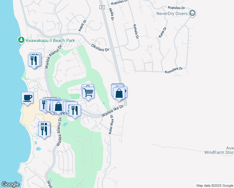 map of restaurants, bars, coffee shops, grocery stores, and more near 63 Wailea Gateway Place in Kihei