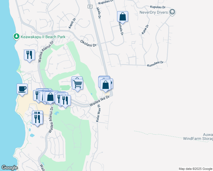 map of restaurants, bars, coffee shops, grocery stores, and more near 67 Wailea Gateway Place in Kihei