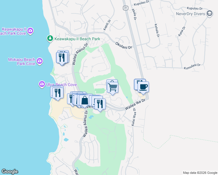map of restaurants, bars, coffee shops, grocery stores, and more near 131 Wailea Ike Place in Kihei