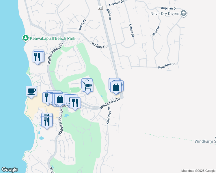 map of restaurants, bars, coffee shops, grocery stores, and more near 47 Wailea Gateway Place in Kihei