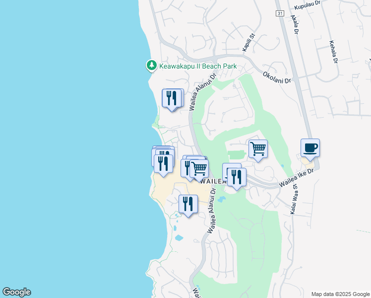 map of restaurants, bars, coffee shops, grocery stores, and more near 3600 Wailea Alanui Drive in Wailea-Makena